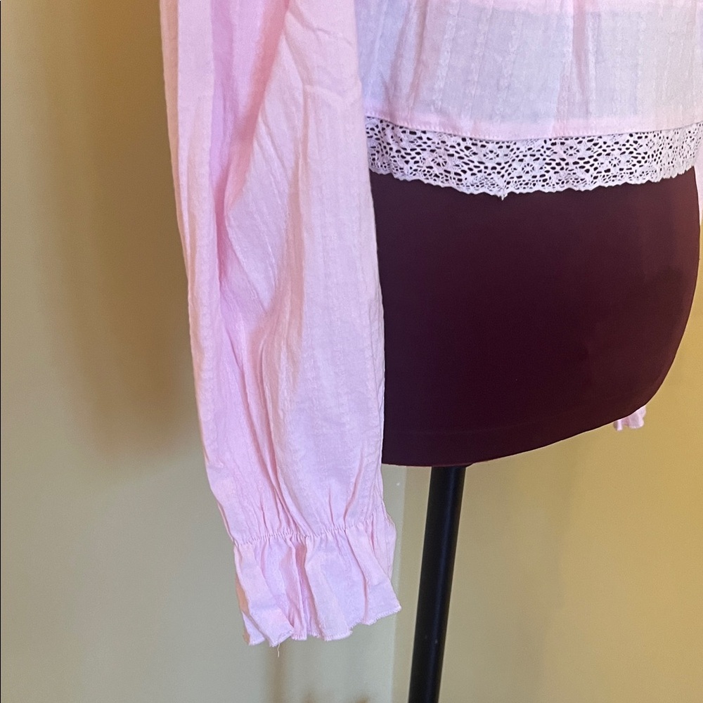 Cottagecore pink smocked milkmaid top puffed sleeves lace trim size medium - Picture 5 of 8